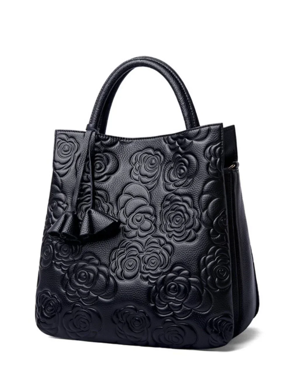 Black Floral Embossed Leather Top Handle Tote Bag